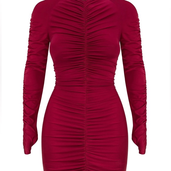 Hot Miami Styles Sexy Burgundy Ruched Long Sleeve Dress Size Medium Back Zipper - Picture 2 of 5
